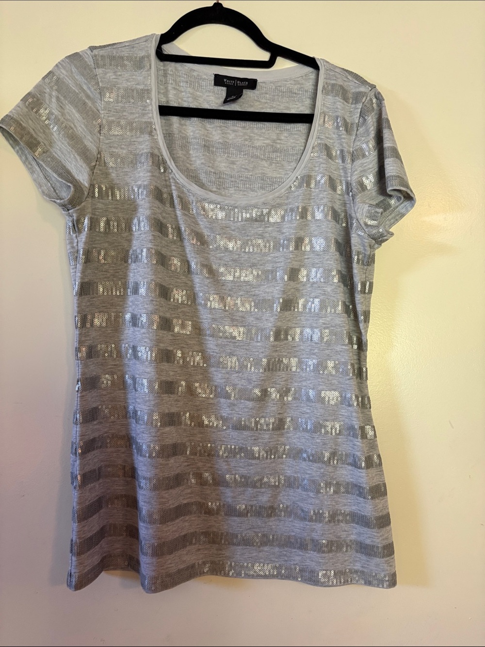 White House Black Market Silver Striped Short Sleeve Tee